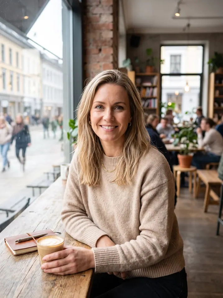 Portrett av forfatteren Susanne Murg, fotografert i dagslys mot en nøytral bakgrunn.